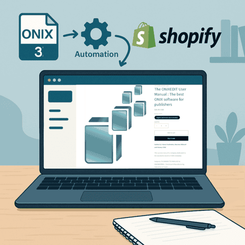 Automation workflow from ONIX 3 files to Shopify products, illustrated with a laptop displaying book data