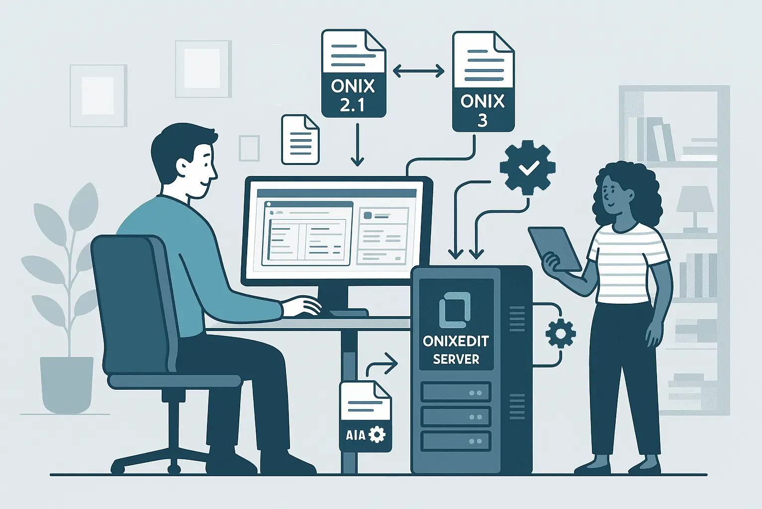 Schéma illustrant ONIXEDIT Server pour la gestion des métadonnées de livres, incluant la conversion ONIX 2.1 vers ONIX 3, l’ingestion AIA et l’accès multi-utilisateurs