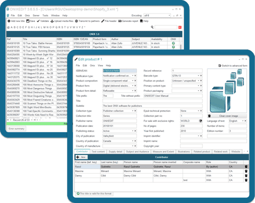 ONIXEDIT Pro interface showing a catalog title list and detailed metadata editing screen for a selected book
